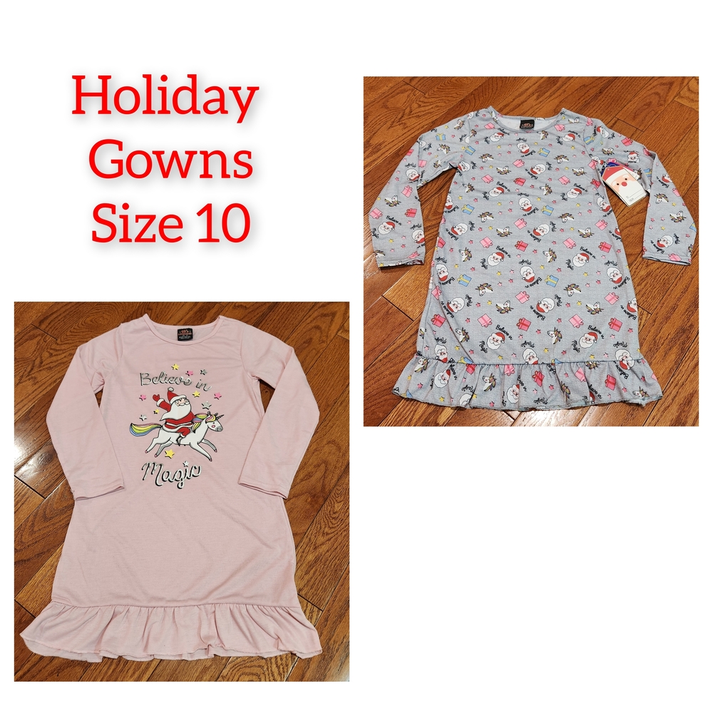 New Pink and Gray Holiday Christmas Santa Claus Night Gowns, Size 10